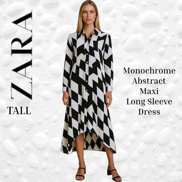 Zara Monochrome Abstract Long Sleeve Maxi Dress Size M - TALL - Picture 1 of 5